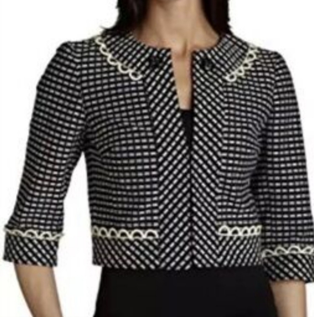 Trina Turk Crop Blue And White Cotton Scalloped Button Blazer Jacket 4